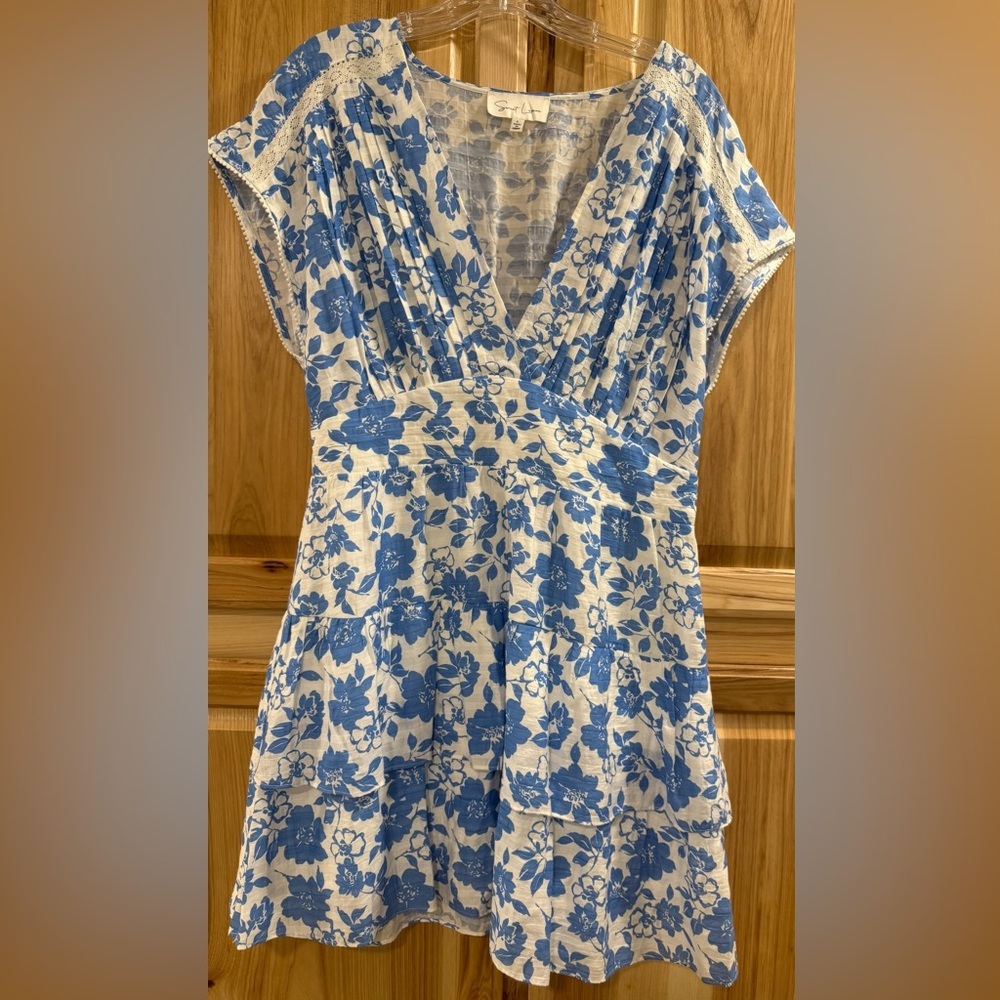 Sweet Lemon Blue and White Floral Deep V-Neck Lace Tiered Gathered Waist Dress